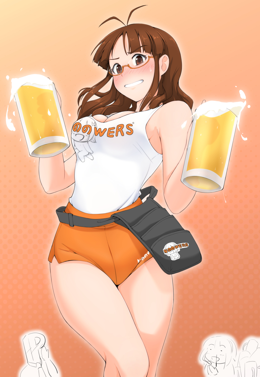 1boy 2girls akizuki_ritsuko alcohol antenna_hair bad_id bad_pixiv_id beer beer_mug blood blush brand_name_imitation brown_eyes brown_hair cup glasses highres hooters idolmaster idolmaster_(classic) looking_at_viewer mug multiple_girls no_legwear nonowa nosebleed otonashi_kotori p-head_producer parody producer_(idolmaster) shirt short_shorts shorts sweatdrop tengu_(tetuo_kun) tight_clothes tight_shirt