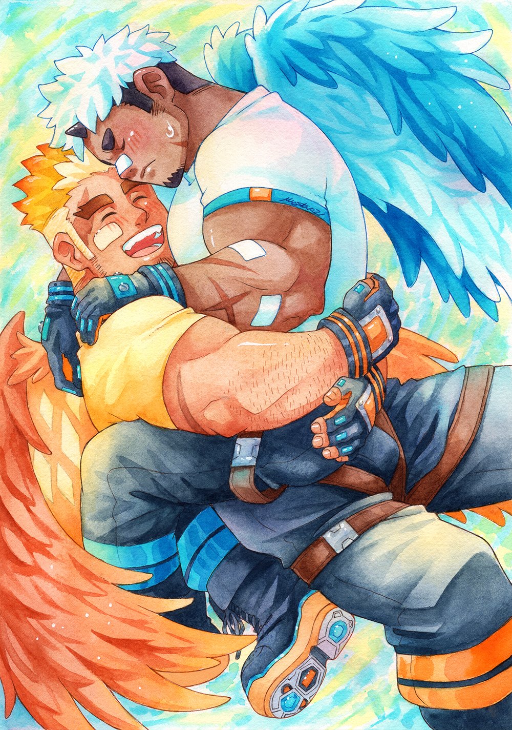 2boys :d akiha_gongen_(housamo) bandaid bandaid_on_arm bandaid_on_cheek bandaid_on_face bandaid_on_nose bara black_gloves black_hair black_pants blonde_hair blue_wings blush bulge burn_scar carrying carrying_person closed_eyes commentary cross_scar dark-skinned_male dark_skin english_commentary facial_hair fingerless_gloves framed_crotch gloves goatee hands_on_another&#039;s_back hands_on_another&#039;s_shoulders highres male_focus multicolored_hair multiple_boys muscular muscular_arms mystar21 open_mouth orange_wings pants scar scar_on_arm shirt short_hair short_sleeves sideburns_stubble signature smile sparse_arm_hair stubble sweatdrop thick_eyebrows thigh_strap tokyo_houkago_summoners two-tone_hair undercut white_hair white_shirt wings yaoi yellow_shirt