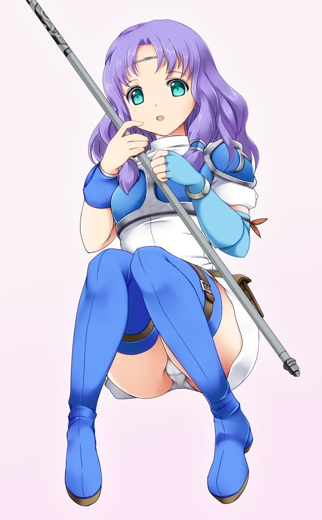 1girl :o aqua_eyes armor ashita_yaru ass belt blue_armor blue_boots blue_gloves blue_thighhighs boots breastplate brown_belt circlet dress elbow_gloves fingerless_gloves fire_emblem fire_emblem:_the_blazing_blade florina_(fire_emblem) gloves gradient_background hair_intakes hair_tubes hands_up holding holding_polearm holding_weapon leg_belt light_purple_hair long_hair muneate nintendo open_mouth panties pantyshot pegasus_knight_uniform_(fire_emblem) polearm short_dress shoulder_armor single_elbow_glove single_fingerless_glove sitting solo thigh_boots thighhighs thighs underwear upskirt weapon white_dress white_panties