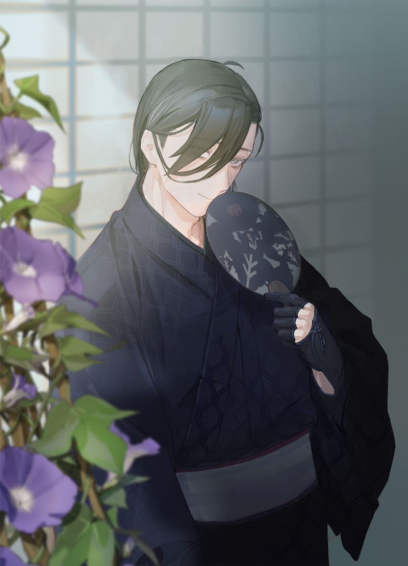 1boy alternate_costume alternate_hairstyle arm_guards black_gloves black_hair black_kimono closed_mouth glove_cutout eyes_visible_through_hair fate/grand_order fate_(series) flower gloves grey_sash hair_behind_ear hair_over_one_eye hair_over_shoulder hand_fan hand_up holding holding_fan japanese_clothes kibadori_rue kimono long_sleeves looking_at_viewer male_focus medium_hair morning_glory paper_fan purple_eyes purple_flower smile solo tile_wall tiles trellis uchiwa upper_body wide_sleeves yamanami_keisuke_(fate) yukata