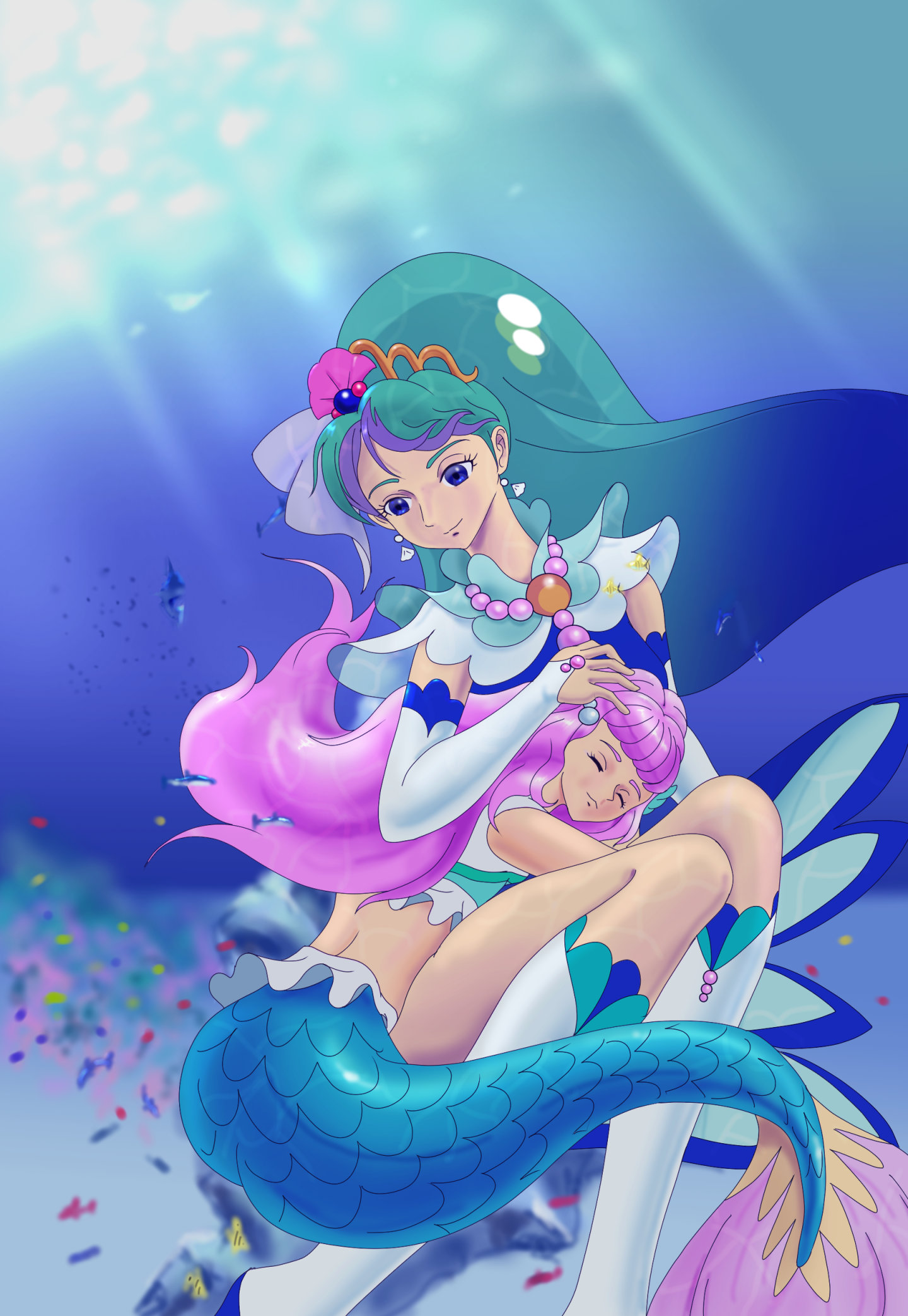 aqua_hair closed_eyes cradle cure_aqua cure_mermaid gull_(13913961) habata_princess highres laura_la_mer species_connection