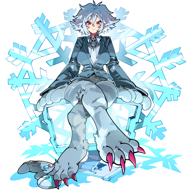 1girl animal_hands animal_legs blue_hair breasts claws controller crossed_legs foreshortening full_body game_controller kafun long_sleeves monitor necktie original red_eyes shadow short_hair sitting smile snowflake_background solo white_background