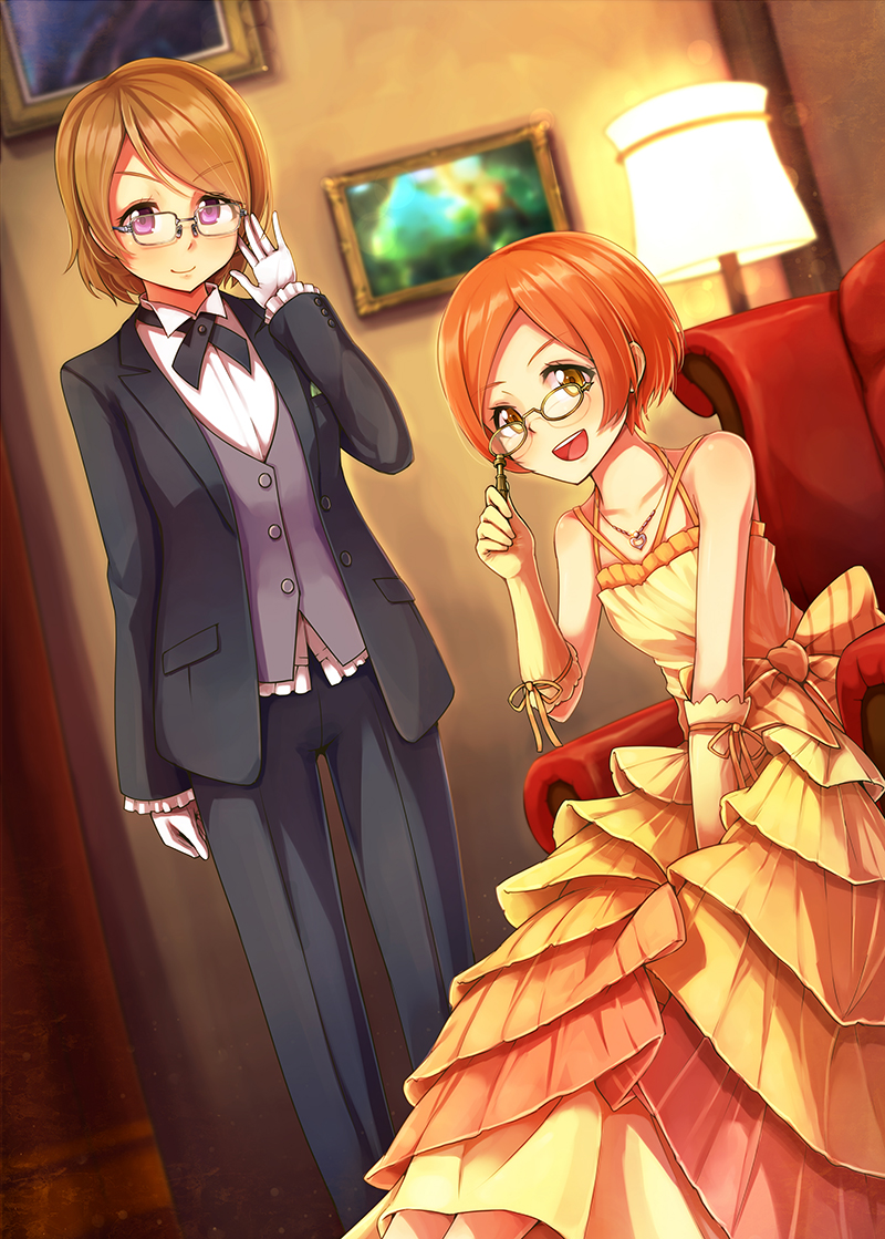 10s 2girls :d adjusting_eyewear armchair between_legs brown_hair chair dararito dress elbow_gloves formal_clothes glasses gloves hand_between_legs hand_on_eyewear hoshizora_rin jewelry koizumi_hanayo lamp layered_dress love_live! love_live!_school_idol_festival love_live!_school_idol_project multiple_girls necklace open_mouth opera_glasses orange_hair pant_suit pants picture_frame purple_eyes ribbon short_hair sitting smile suit white_gloves yellow_eyes yellow_gloves