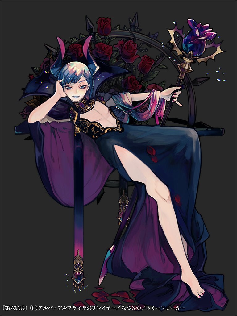 1boy alba_alfurira androgynous bare_legs barefoot black_cape black_collar black_robe blue_eyes blue_hair blue_lips cape collar cosplay dairoku_ryouhei demon_horns diagonal_bangs eyeshadow flower full_body gem gradient_hair head_rest holding holding_staff horns invisible_chair leaf lipstick long_hair looking_at_viewer makeup male_focus maleficent maleficent_(cosplay) multicolored_hair mystical_high_collar nail_polish natsumika outstretched_arm petals pink_hair pink_nails plunging_neckline purple_cape purple_eyeshadow purple_gemstone reclining red_flower red_rose robe rose side_slit sitting sleeping_beauty_(disney) smile solo spinning_wheel staff themed_object toenail_polish toenails two-sided_cape two-sided_fabric