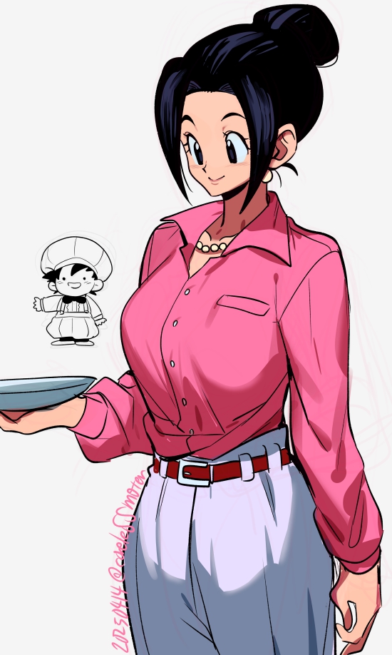 1boy 1girl black_eyes black_hair breasts chi-chi_(dragon_ball) cowboy_shot dragon_ball dragonball_z earrings hair_bun jewelry nanika_(nnkgh) pants pink_shirt shirt simple_background solo_focus son_goten white_background white_pants