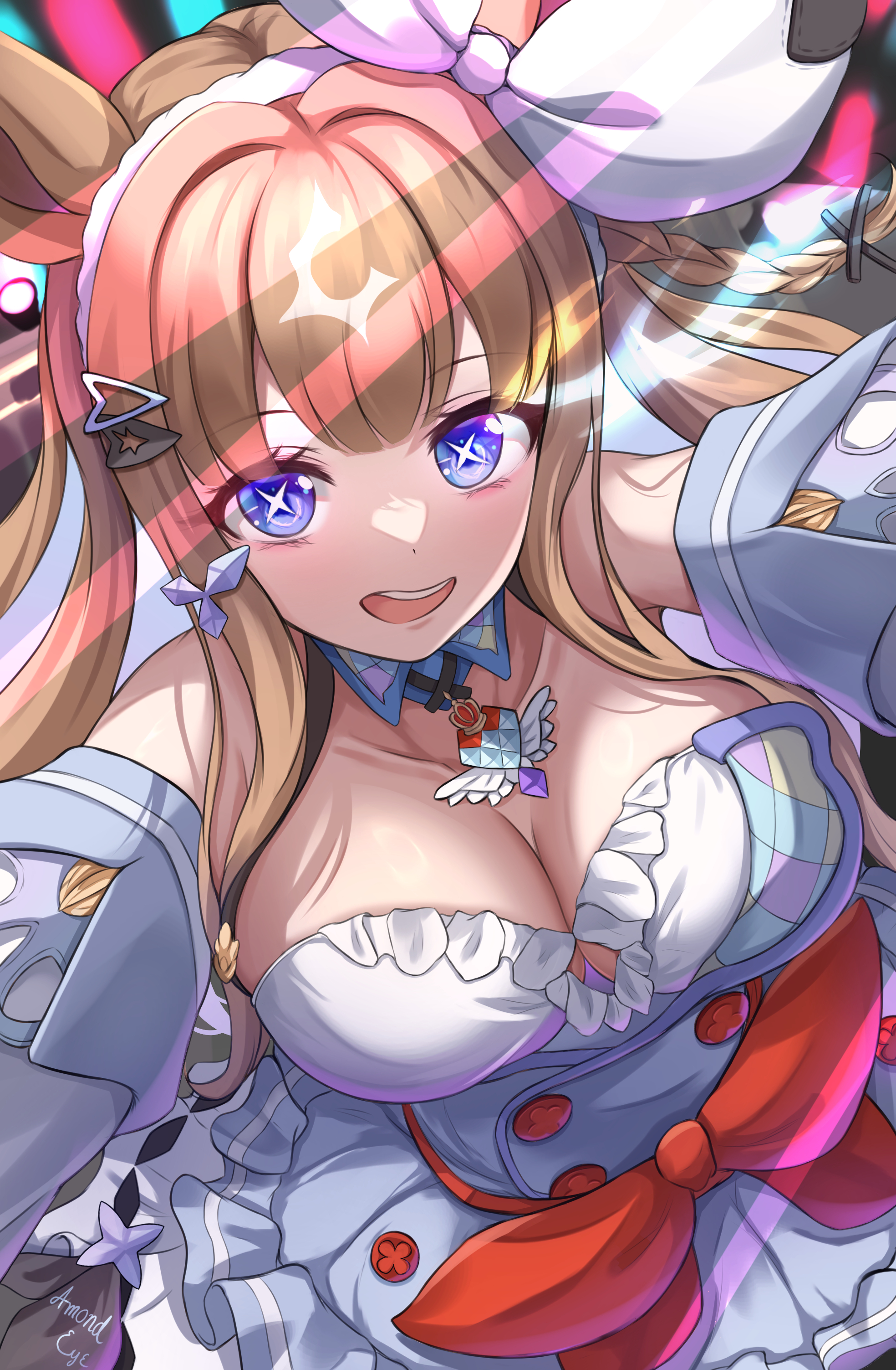+_+ 1girl absurdres almond_eye_(umamusume) animal_ears blue_eyes blue_hair blue_sleeves breasts brown_hair cleavage commentary_request detached_sleeves hairband highres horse_ears horse_girl large_breasts long_hair looking_at_viewer maimuu multicolored_hair open_mouth solo two-tone_hair umamusume white_hairband