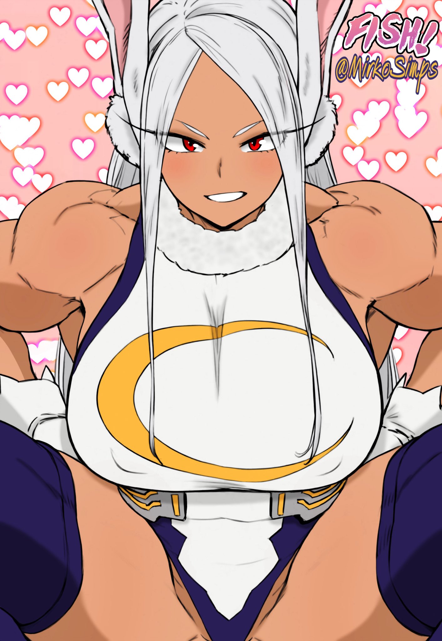 1girl animal_ears artist_collaboration artist_name bare_shoulders boku_no_hero_academia breasts colorized covered_erect_nipples crescent_print dark-skinned_female dark_skin fur_collar gloves heart heart_print highleg highleg_leotard highres large_breasts leotard long_eyelashes long_hair looking_at_viewer mirko mirkosimps muscular muscular_female parallaxfused parted_bangs parted_lips pink_background print_background purple_thighhighs rabbit_ears rabbit_girl red_eyes sleeveless_turtleneck_leotard solo spread_legs squatting taut_leotard thick_thighs thighhighs thighs twitter_username very_long_hair white_gloves white_hair white_leotard