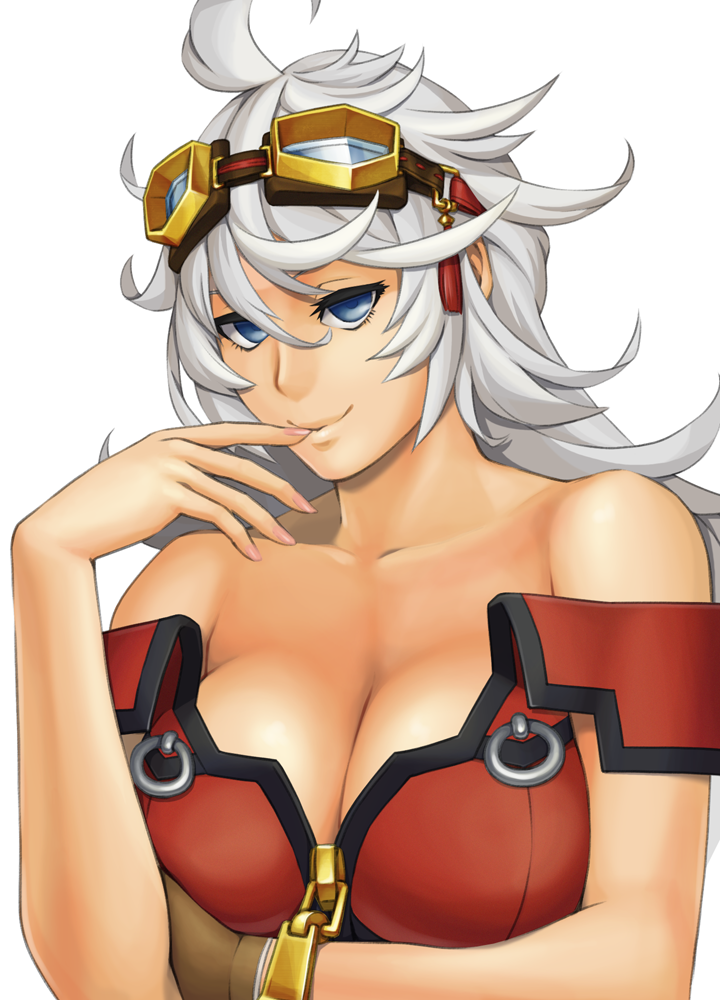 1girl ahoge bare_shoulders blue_eyes breasts cleavage closed_mouth commentary_request female_focus goggles goggles_on_head kuroi_ani large_breasts long_hair looking_at_viewer project_x_zone project_x_zone_2 simple_background solo urashima_chizuru white_background white_hair