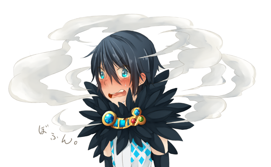 1boy argyle_clothes argyle_shirt black_hair blue_eyes blush commentary_request fur_collar hair_between_eyes head_steam long_bangs looking_at_viewer male_focus meiko_(nattu303) nose_blush open_mouth ragnarok_online shirt simple_background solo sorcerer_(ragnarok_online) v-shaped_eyebrows white_background white_shirt