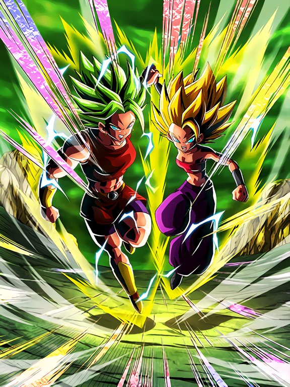 2girls abs blonde_hair blue_eyes breasts caulifla cleavage dokkan_battle dragon_ball dragon_ball_super fighting green_hair jumping kale_(dragon_ball) multiple_girls muscular muscular_female official_art strapless super_saiyan team thick_thighs thighs tube_top