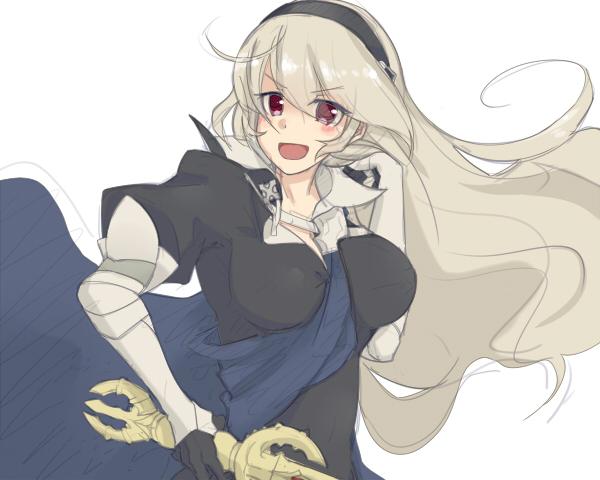 1girl akamimigame black_hairband blue_cape cape female_corrin_(fire_emblem) fire_emblem fire_emblem_fates grey_hair hairband long_hair nintendo open_mouth pointy_ears red_eyes yato_(fire_emblem)