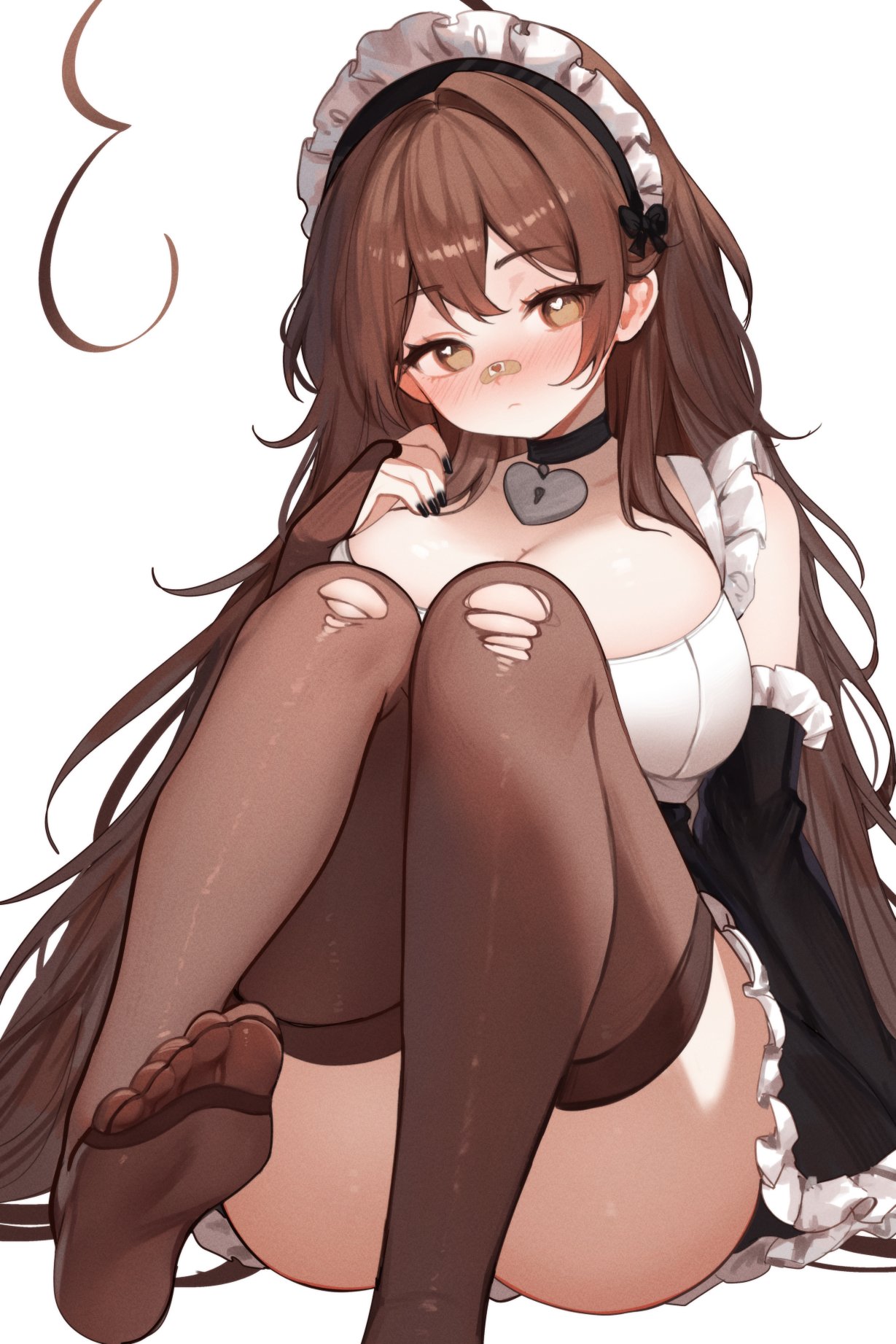1girl ahoge bandaid bandaid_on_face bandaid_on_nose black_bow black_choker black_nails black_skirt black_sleeves blush bow breasts brown_bridal_gauntlets brown_eyes brown_hair brown_thighhighs choker cleavage closed_mouth collarbone commentary english_commentary feet fingernails foot_out_of_frame hair_bow heart heart-shaped_lock heart_collar heart_in_eye highres huge_breasts indie_virtual_youtuber knees_up legs long_hair long_sleeves maid maid_headdress nail_polish no_shoes pantyhose simple_background sitting skirt sky_above_me sky_above_me_(vtuber) sleeves_past_wrists soles solo symbol_in_eye thighhighs thighs toe_seam toes torn_clothes torn_pantyhose virtual_youtuber white_background