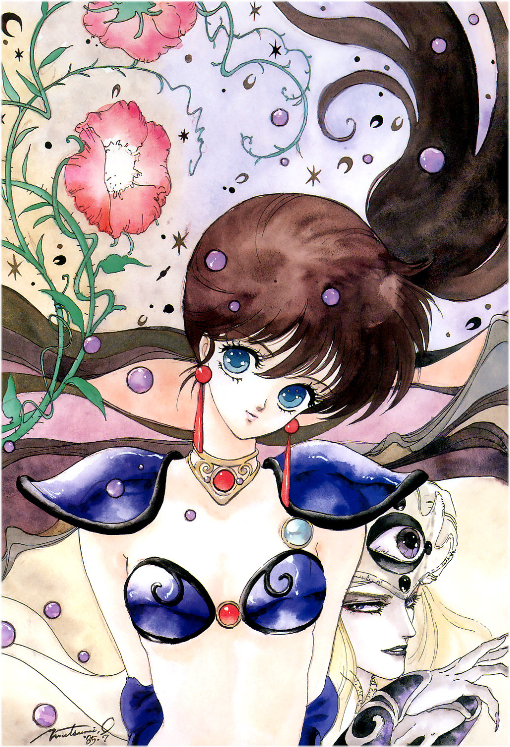 1980s_(style) 1boy 1girl armor asagiri_youko bikini_armor black_hair earrings floating_hair flower genmu_senki_leda head_tilt highres inomata_mutsumi jewelry long_hair looking_at_viewer official_art oldschool painting_(medium) pauldrons retro_artstyle shoulder_armor side_ponytail traditional_media upper_body watercolor_(medium) zell_(genmu_senki_leda)