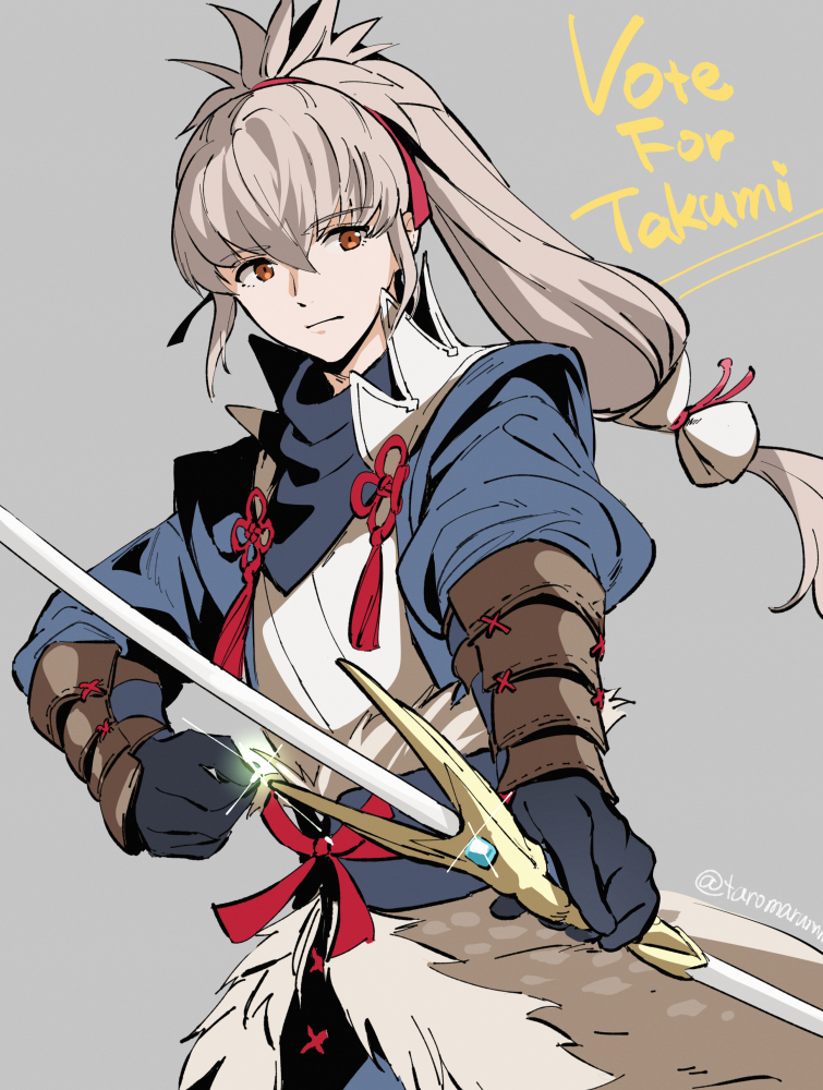 1boy bow_(weapon) fire_emblem fire_emblem_fates fujin_yumi_(fire_emblem) grey_hair japanese_clothes long_hair male_focus nintendo orange_eyes ponytail solo takumi_(fire_emblem) taromarun weapon yumi_(bow)
