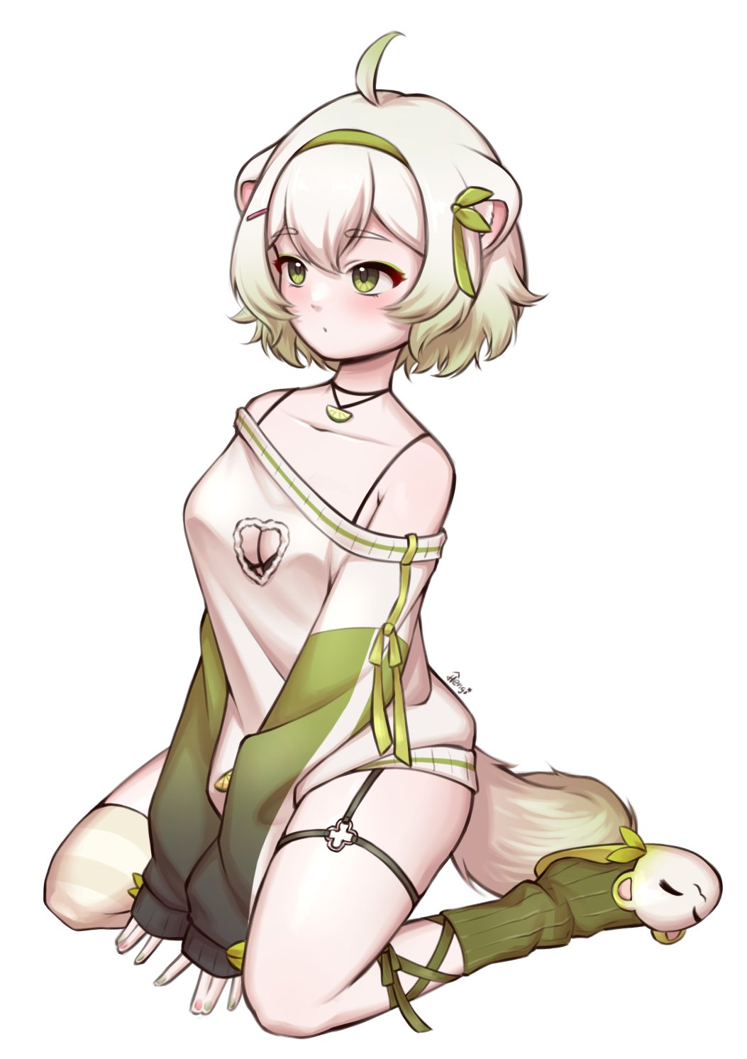 1girl ahoge animal_ears animal_slippers artist_name asymmetrical_legwear bare_shoulders bob_cut bra bra_strap breasts cleavage cleavage_cutout clothing_cutout ferret ferret_ears ferret_girl ferret_tail food fruit gradient_hair gradient_tail green_eyes green_hair green_nails green_sweater hengi_hengi highres indie_virtual_youtuber jewelry laimu_(vtuber) leaf lime_(fruit) lime_slice mismatched_legwear multicolored_hair multicolored_tail necklace o-ring o-ring_thigh_strap pink_nails ribbon short_hair signature single_thighhigh skindentation slippers socks sweater tail thigh_strap thighhighs two-tone_hair two-tone_tail underwear vinesauce virtual_youtuber white_hair white_sweater white_tail zettai_ryouiki
