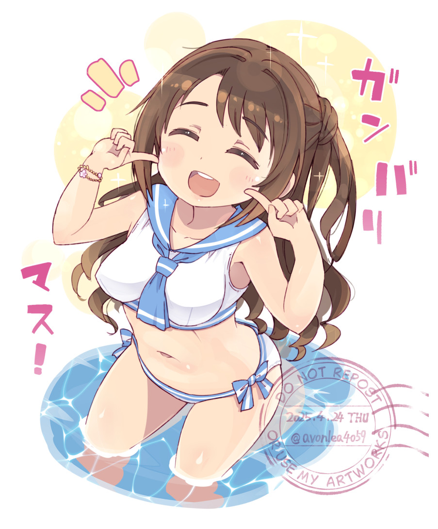 1girl 4040_(abonriya) bikini breasts brown_hair closed_eyes commentary_request idolmaster idolmaster_cinderella_girls long_hair medium_breasts navel open_mouth paid_reward_available sailor_bikini sailor_collar sailor_swimsuit_(idolmaster) shimamura_uzuki solo sound_effects swimsuit teeth upper_teeth_only watermark white_bikini