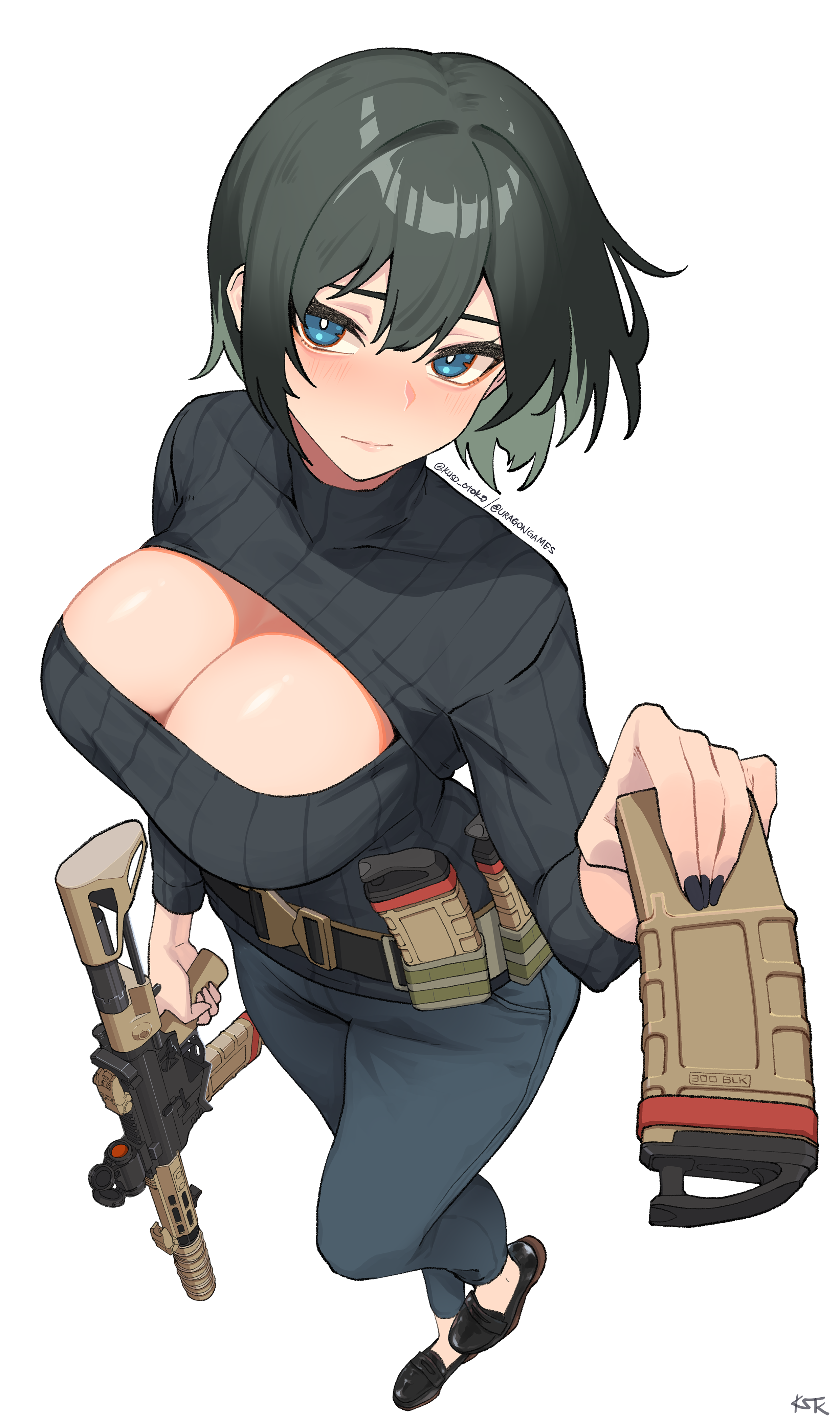 1girl absurdres ar-15 artist_name assault_rifle belt belt_buckle belt_pouch black_belt black_hair black_nails black_pants black_sweater blue_eyes blush breasts bright_pupils buckle center_opening cleavage closed_mouth eyelashes foreshortening from_side full_body gun hair_between_eyes highres holding holding_gun holding_magazine_(weapon) holding_weapon initial kuso_otoko light_blush lillie_(uragoner) looking_at_viewer looking_to_the_side looking_up magazine_(weapon) original paid_reward_available pants perspective pouch rifle short_hair signature simple_background sweater twitter_username weapon white_background white_pupils