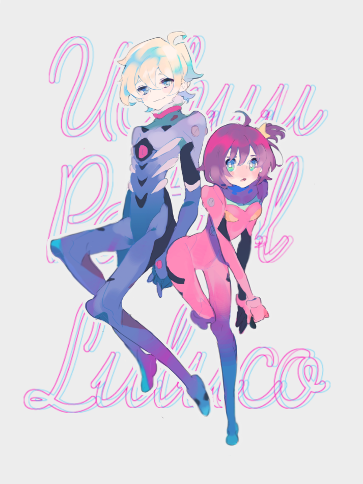 1boy 1girl alpha_omega_nova bad_id bad_pixiv_id blonde_hair bodysuit brown_hair copyright_name cosplay luluco mecha_pilot_suit nagisa_kaworu nagisa_kaworu_(cosplay) neon_genesis_evangelion plugsuit_(evangelion) ronoh_(jill) short_hair souryuu_asuka_langley souryuu_asuka_langley_(cosplay) uchuu_patrol_luluco