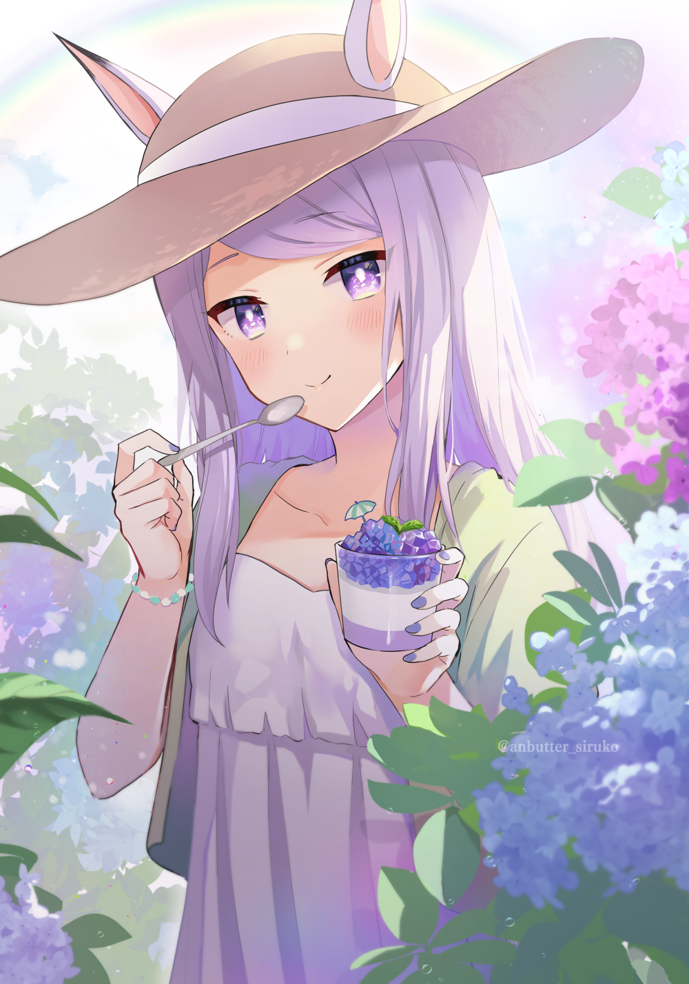 1girl anbutter_siruko animal_ears blue_flower blush brown_hat closed_mouth collarbone dress fingernails flower food hat highres holding holding_spoon horse_ears horse_girl hydrangea light_purple_hair long_hair mejiro_mcqueen_(umamusume) nail_polish pink_flower purple_eyes purple_flower purple_nails smile solo spoon straw_hat twitter_username umamusume upper_body white_dress