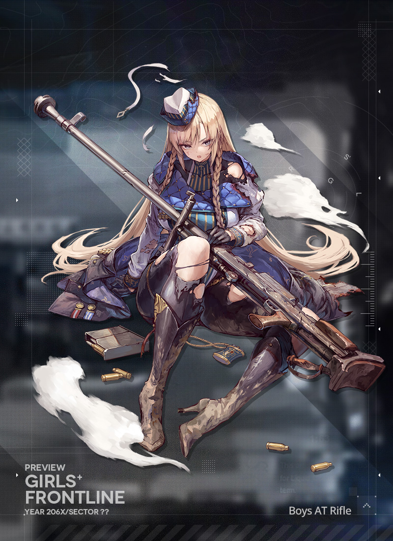 .55_boys 1girl ammunition anti-materiel_cartridge anti-materiel_rifle anti-tank_cartridge black_boots black_eyes black_gloves black_jacket black_pants blonde_hair blue_hat boots boys_(girls&#039;_frontline) boys_anti_tank_rifle braid clip_(weapon) dirty_footwear full_body girls&#039;_frontline gloves gun half_gloves hand_on_own_hip hat high_heel_boots high_heels holding holding_gun holding_weapon jacket jacket_on_shoulders knee_boots leotard long_hair long_sleeves looking_at_viewer medal multicolored_hat multicolored_leotard object_request official_art open_mouth pants puff_of_air rifle rifle_cartridge shell_casing simple_background sitting sniper_rifle solo striped_clothes striped_leotard suzuno_(bookshelf) third-party_source torn_clothes torn_hat torn_jacket torn_leotard torn_pants transparent_background twin_braids vertical-striped_clothes vertical-striped_leotard very_long_hair weapon white_hat white_leotard