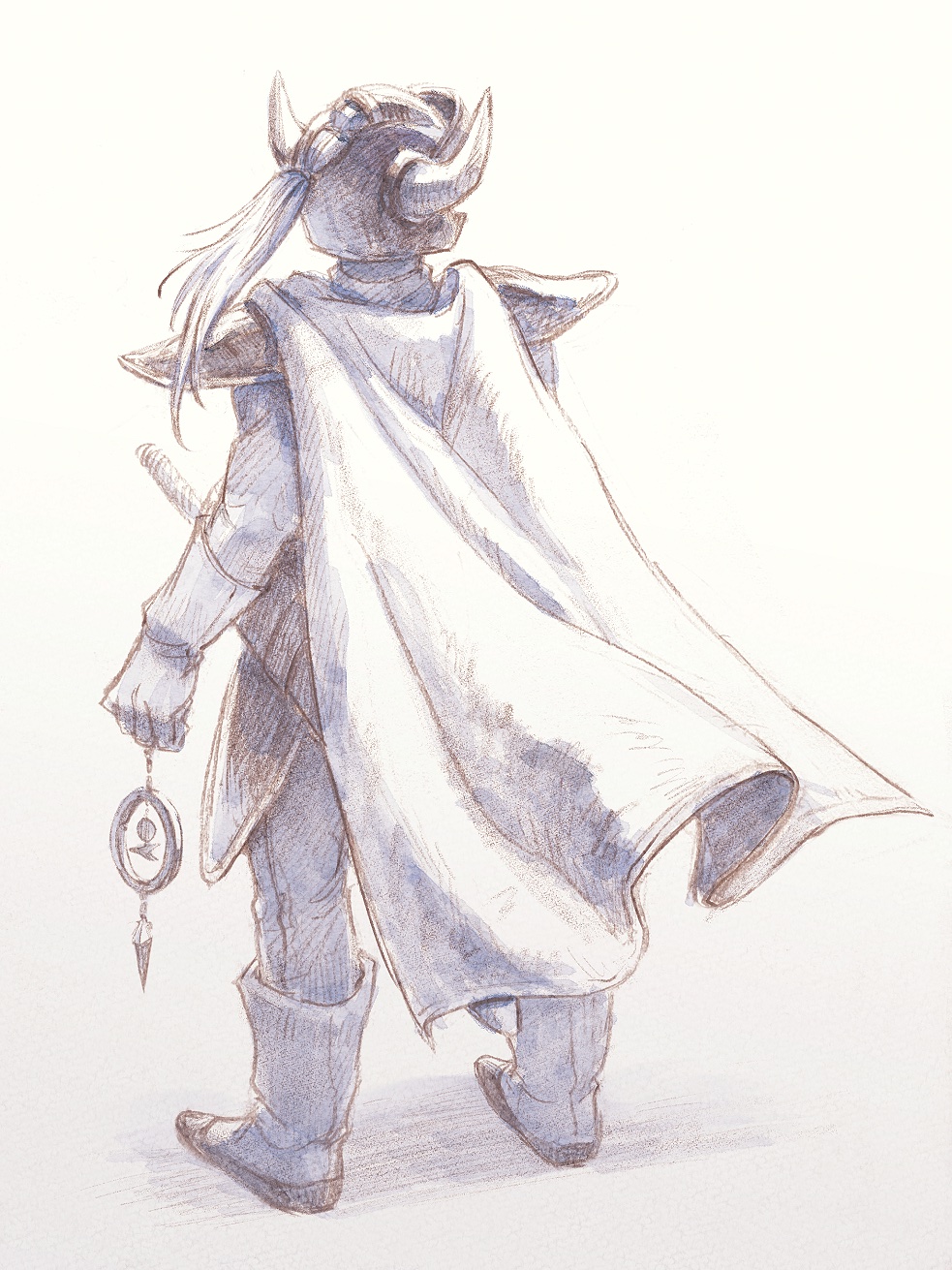 1boy armor bodysuit boots cape commentary_request dragon_quest dragon_quest_i fake_horns from_behind full_body gloves greyscale helmet hero_(dq1) highres holding_compass horned_helmet horns looking_to_the_side male_focus monochrome sheath sheathed shoulder_armor solo standing sword weapon yuza