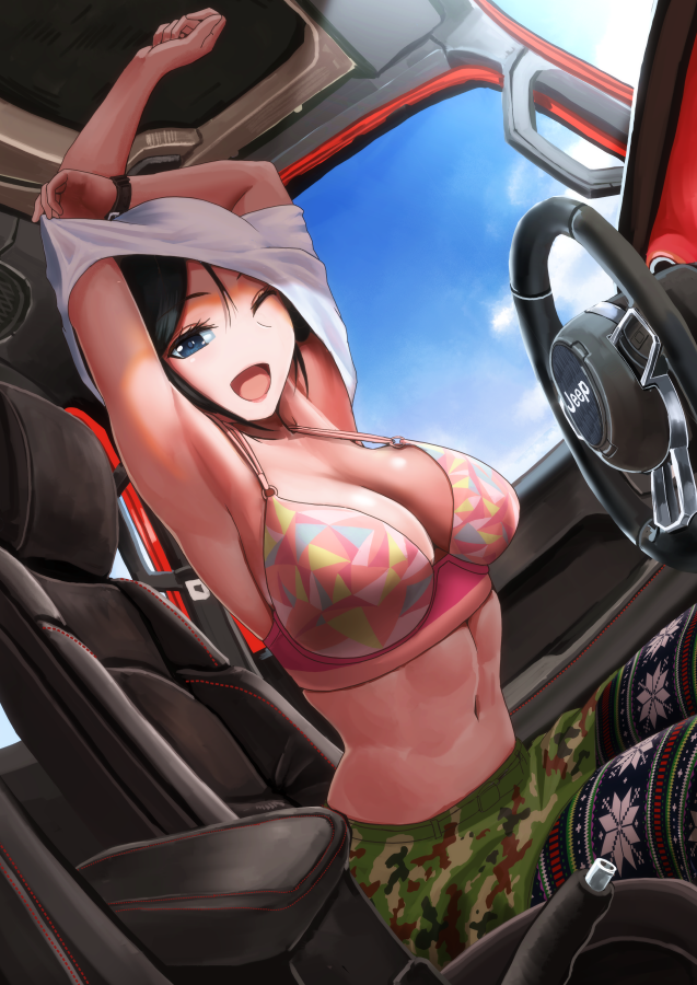 1girl ;d abazu-red abs armpits arms_up black_eyes black_hair bra breasts camouflage camouflage_skirt car car_interior chouno_ami cleavage clothes_lift commentary_request dutch_angle female_focus girls_und_panzer jeep_wrangler large_breasts military_jeep motor_vehicle one_eye_closed open_mouth shirt shirt_lift shirt_over_head short_hair sitting skirt smile solo sports_utility_vehicle strap_gap toned underwear undressing watch white_shirt wristwatch