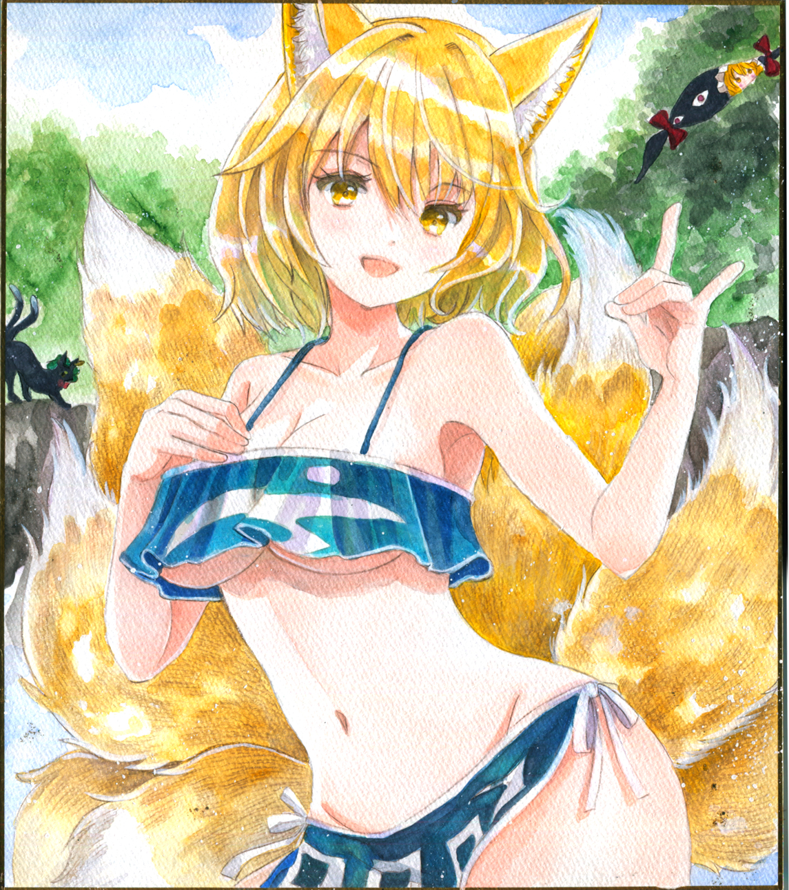 2girls :d animal_ears bikini black_cat blonde_hair blue_bikini breasts cat chen chen_(cat) cleavage fox_ears fox_shadow_puppet fox_tail gap_(touhou) hajike_akira hand_on_own_chest highres large_breasts looking_at_viewer multiple_girls multiple_tails navel no_headwear open_mouth short_hair smile swimsuit tail touhou traditional_media yakumo_ran yakumo_yukari yellow_eyes