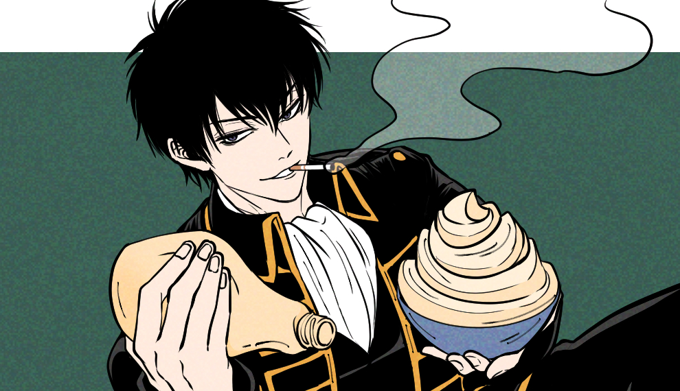 1boy ascot black_eyes black_hair black_jacket black_pants black_vest bottle bowl cigarette collared_jacket commentary commentary_request fingernails food gintama green_background grin hair_between_eyes hijikata_toushirou holding holding_bowl jacket long_sleeves looking_at_viewer male_focus mayonnaise mouth_hold open_clothes open_jacket pants pike_121 short_hair smile smoke smoke_trail smoking solo teeth teeth_hold upper_body vest white_ascot wing_collar