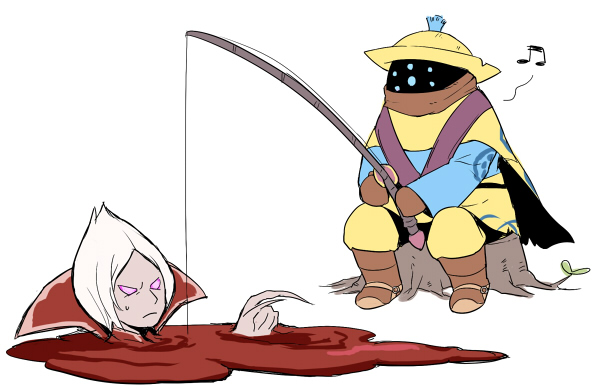 2boys alternate_costume angler_jax bad_id bad_pixiv_id blood boots cape fishing fishing_rod gameplay_mechanics gloves hamamo hat jax_(league_of_legends) league_of_legends multiple_boys musical_note pink_eyes pointing pool_of_blood scarf sitting sweatdrop tree_stump vladimir_(league_of_legends) white_hair