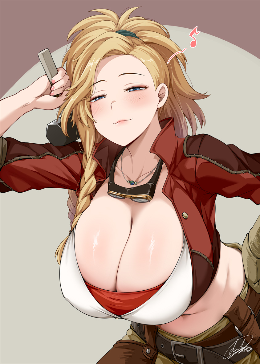 1girl asymmetrical_hair belt black_belt blonde_hair blue_eyes braid breasts cleavage commentary_request crop_top cropped_jacket darkmaya gemma_(monster_hunter_wilds) goggles goggles_around_neck huge_breasts jacket long_hair looking_at_viewer monster_hunter_(series) monster_hunter_wilds musical_note open_clothes open_jacket side_braid solo