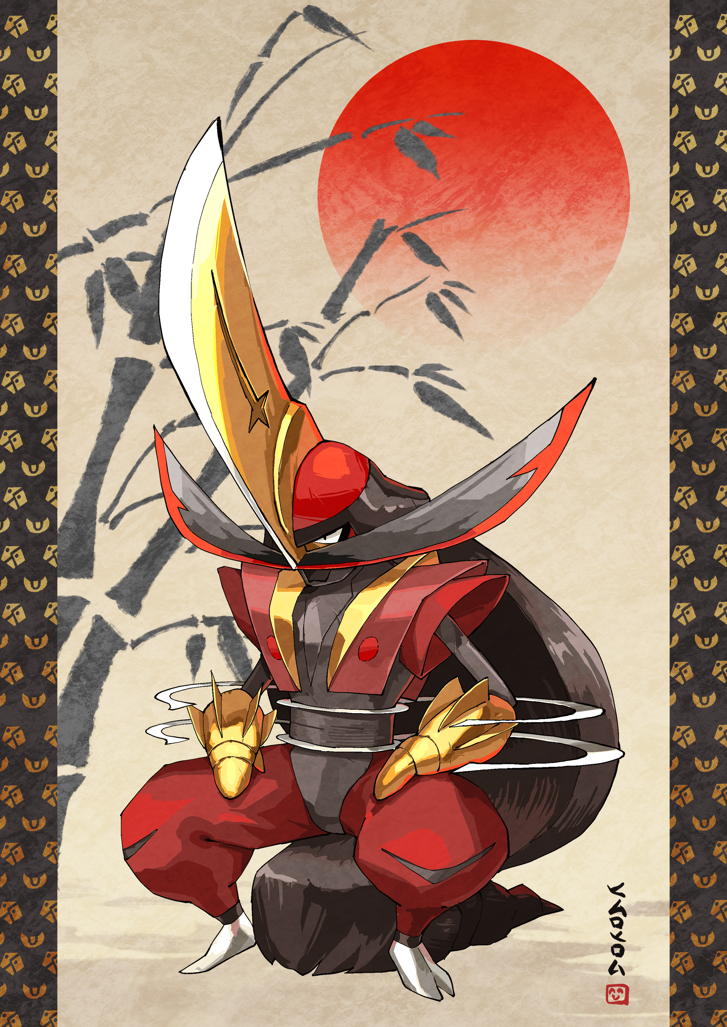 1boy absurdly_long_hair absurdres arm_blade bamboo black_hair black_skin colored_skin facial_hair fine_art_parody full_body full_moon helmet highres himurohiromu japanese_text kingambit long_hair male_focus moon multicolored_headwear multicolored_skin mustache nihonga nintendo open_mouth parody pillarboxed pokemon pokemon_(creature) red_moon red_skin sitting solo translation_request very_long_hair weapon yellow_skin