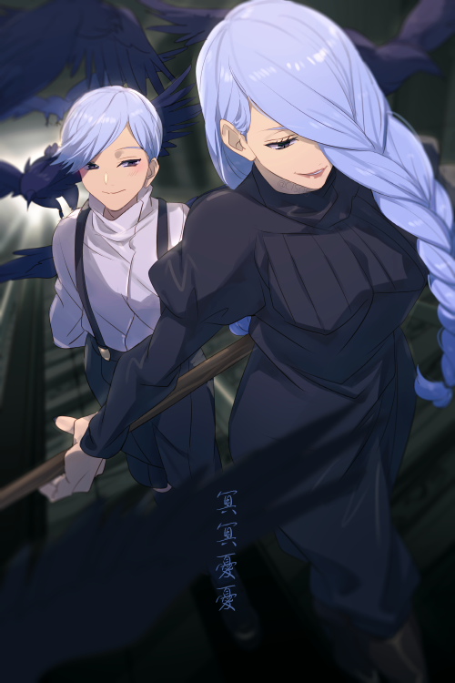1boy 1girl bird black_dress black_pants blue_eyes blue_hair blue_theme braid brother_and_sister closed_mouth crow dress echo_(circa) full_body hair_over_one_eye holding holding_polearm holding_weapon jujutsu_kaisen juliet_sleeves long_hair long_sleeves mei_mei_(jujutsu_kaisen) pants parted_lips polearm puffy_sleeves shirt short_hair siblings smile standing suspenders twin_braids ui_ui_(jujutsu_kaisen) weapon white_shirt