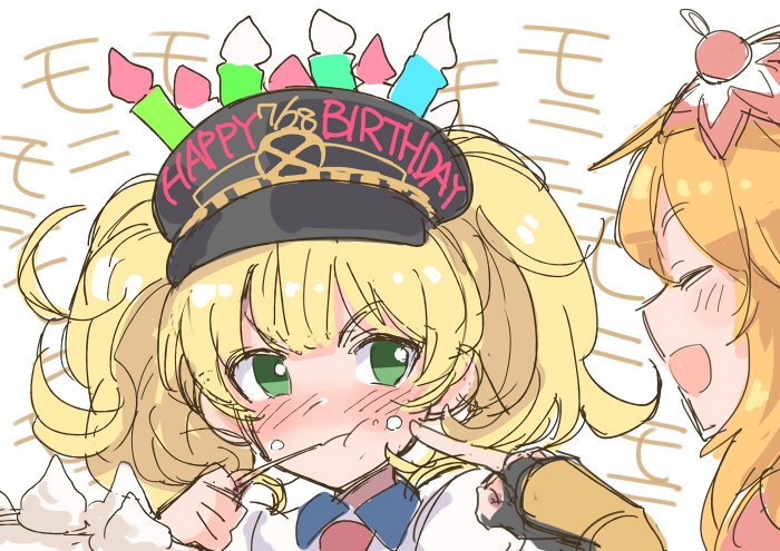 2girls birthday birthday_cake blonde_hair cake cheek_poking closed_eyes collared_shirt commentary_request contrast_collar dated eating food green_eyes happy_birthday ito_ryo long_hair medium_hair monika_weisswind multiple_girls ninon_(princess_connect!) orange_hair poking portrait princess_connect! profile shirt twintails white_shirt