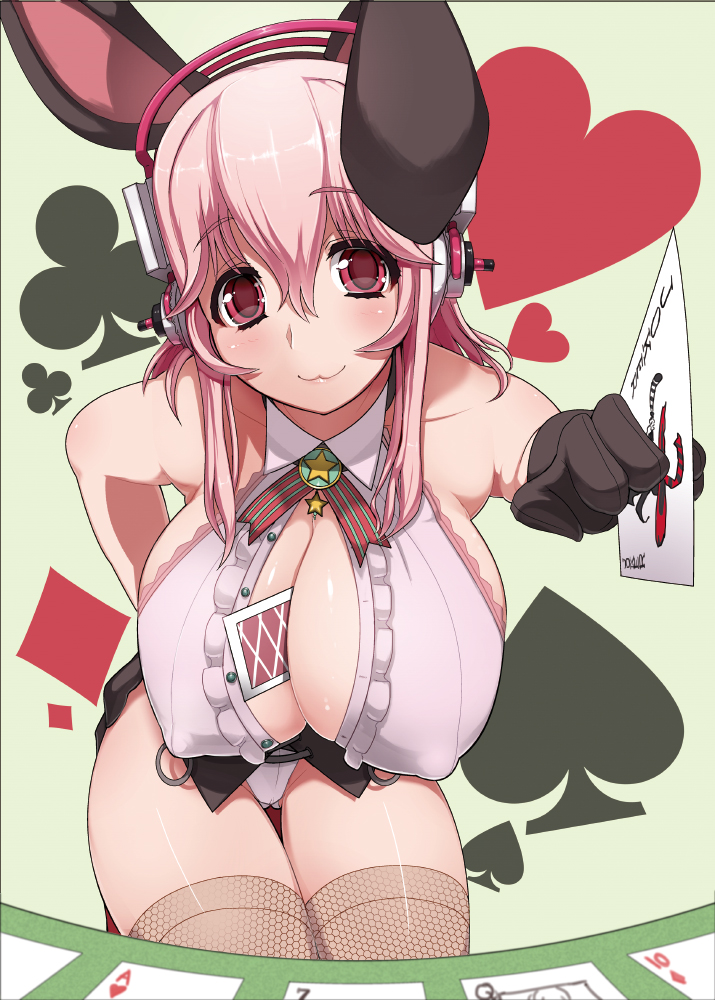 1girl :3 ace_(playing_card) animal_ears bad_id bad_pixiv_id bare_shoulders between_breasts black_gloves breasts buttons card card_between_breasts cleavage cleavage_cutout clothing_cutout clubs covered_erect_nipples croupier diamond_(shape) fake_animal_ears female_focus fishnet_thighhighs fishnets foreshortening frills gloves green_background hair_between_eyes hairband halterneck hand_on_own_hip hanging_breasts headphones heart holding holding_card huge_breasts joker_(playing_card) kemonomimi_mode lace leaning_forward leotard light_smile long_hair looking_at_viewer miyamoto_issa necktie nitroplus outstretched_arm pink_eyes pink_hair playboy_bunny playing_card queen queen_(playing_card) rabbit_ears sideboob smile solo spade star_(symbol) striped super_sonico table thigh_gap thighhighs