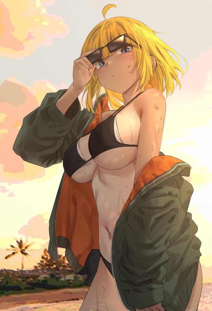 1girl ahoge bikini black_bikini blonde_hair blush breasts unworn_eyewear green_jacket griffon_(last_origin) holding holding_removed_eyewear hot ichihyaku_nanajuu jacket jacket_partially_removed large_breasts last_origin looking_at_viewer navel outdoors sideboob solo sunglasses sunset sweat sweatdrop swimsuit tan