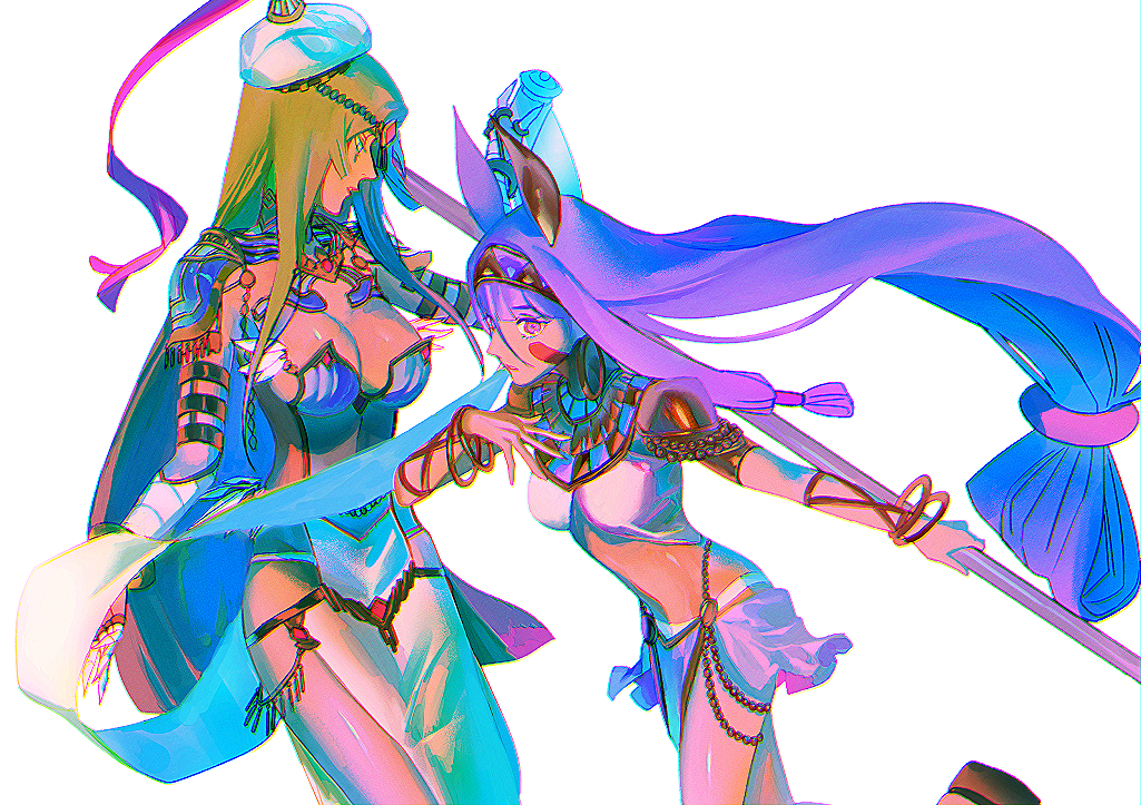 2girls animal_ears armor bikini_armor daeraeband dark-skinned_female dark_skin fate/grand_order fate_(series) jackal_ears long_hair looking_at_another low-tied_long_hair multiple_girls nitocris_(fate) purple_hair scheherazade_(fate) very_long_hair