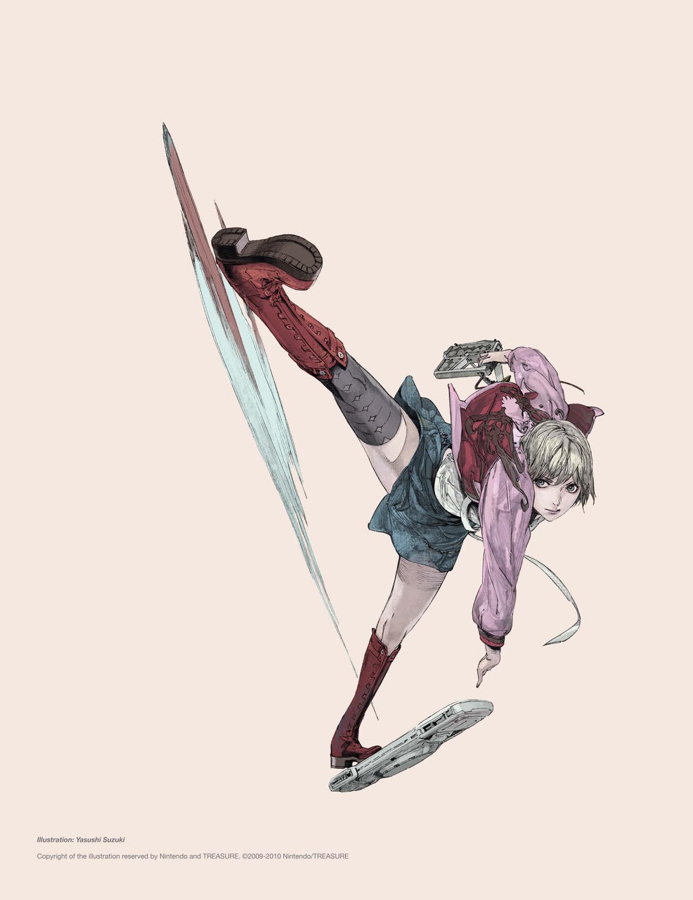 1girl blonde_hair boots female_focus flying full_body gun highres jacket kachi kicking official_art short_hair simple_background sin_and_punishment skirt solo suzuki_yasushi thighhighs treasure_(developer) tsumi_to_batsu:_sora_no_koukeisha weapon