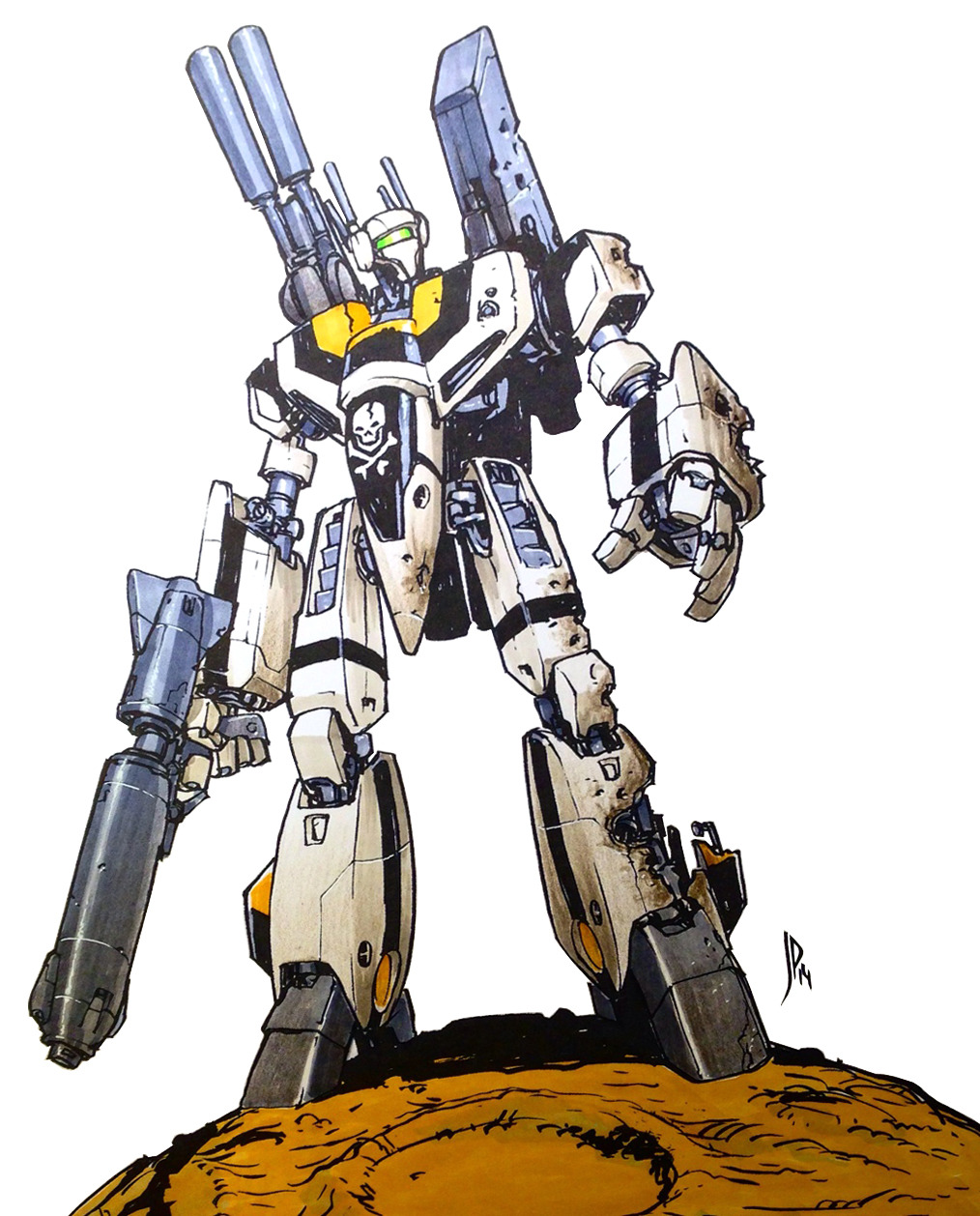 after_battle asteroid battroid commentary crater damaged dirty energy_cannon english_commentary gunpod highres jake_parker jolly_roger looking_to_the_side machinery macross macross:_do_you_remember_love? mecha mecha_focus no_humans robot science_fiction shoulder_cannon signature vf-1 vf-1_strike vf-1s western_comics_(style)