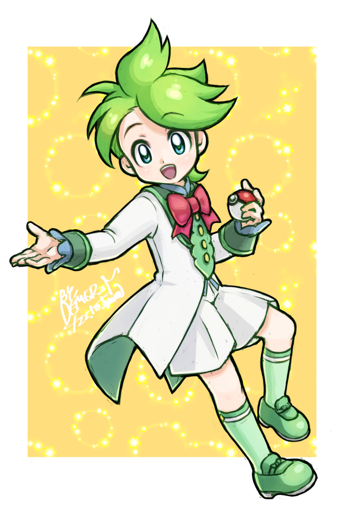 1boy :d blue_eyes border bow bowtie buttons commentary_request demerin green_hair green_shoes green_socks happy holding holding_poke_ball long_sleeves looking_at_viewer male_focus nintendo official_alternate_costume open_mouth poke_ball poke_ball_(basic) pokemon pokemon_masters_ex red_bow red_bowtie shoes short_hair shorts smile socks solo teeth tongue upper_teeth_only wally_(pokemon) wally_(sygna_suit)_(pokemon) white_border white_shorts