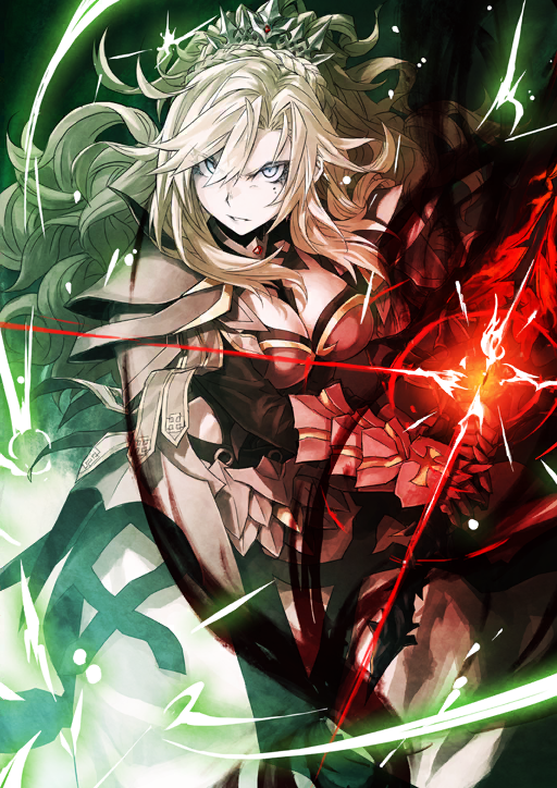 1girl armor balmung_kriemhild_(fate) between_breasts black_collar black_sleeves blue_eyes braid breasts cleavage collar cowboy_shot crown_braid curtained_hair detached_sleeves dynamic_pose fate/grand_order fate_(series) floating_hair game_cg gauntlets glowing glowing_sword glowing_weapon hair_over_one_eye hand_up holding holding_sword holding_weapon konoe_ototsugu kriemhild_(fate) kriemhild_(third_ascension)_(fate) large_breasts light_trail long_hair long_sidelocks mole mole_under_eye official_art pale_skin parted_bangs parted_lips pauldrons ponytail_with_braided_base shoulder_armor sidelocks skirt solo strapless swept_bangs sword third-party_source tiara v-shaped_eyebrows weapon white_hair white_skirt wide_ponytail