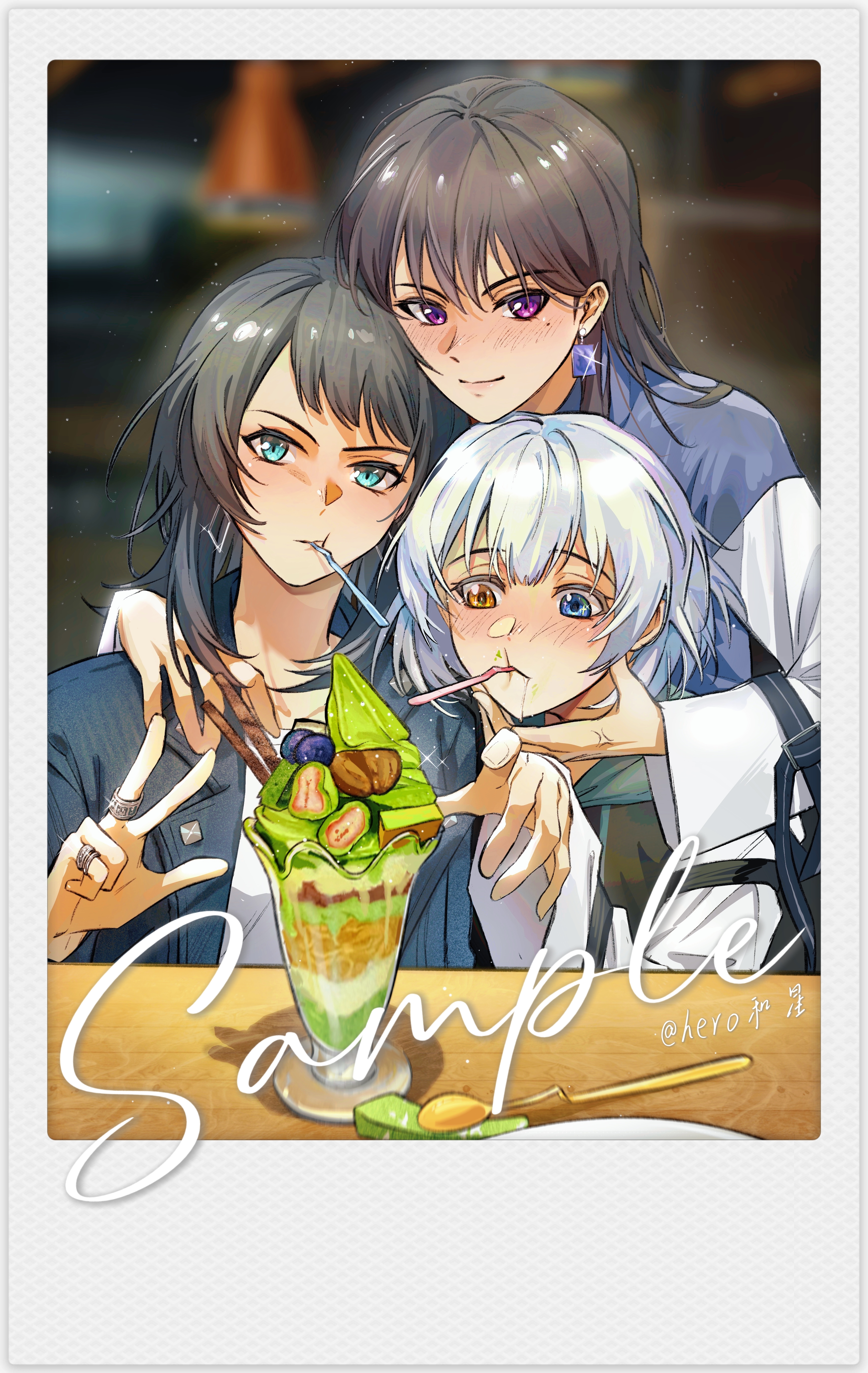 3girls absurdres bang_dream! bang_dream!_it's_mygo!!!!! black_jacket blue_eyes blush brown_hair chinese_commentary commentary_request drooling earrings fake_photograph glint grey_jacket hero45439083942 heterochromia highres ice_cream_spoon jacket jewelry kaname_raana light_particles long_hair matcha_parfait mitsuketa_keshiki_tazusaete mole mole_under_eye multiple_girls multiple_rings purple_eyes ring sample_watermark shiina_taki short_hair spoon utensil_in_mouth watermark white_background white_hair yahata_umiri yellow_eyes