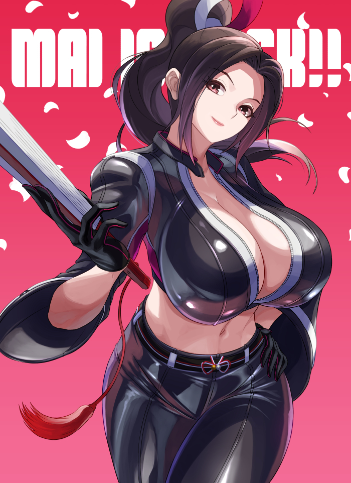 1girl breasts ema_(emaura) fatal_fury fatal_fury:_city_of_the_wolves folding_fan hand_fan head_tilt high_ponytail holding holding_fan large_breasts navel ponytail shiranui_mai skin_tight snk solo the_king_of_fighters