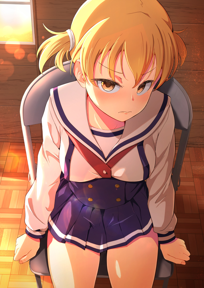 1girl atsumare!_fushigi_kenkyuubu blonde_hair blush breasts brown_eyes fingernails highres impossible_clothes indoors kanda_chiaki long_sleeves looking_at_viewer medium_breasts ocza pleated_skirt school_uniform serafuku short_hair sitting skirt solo thighs