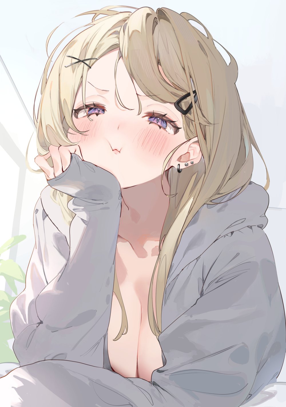 1girl :i blonde_hair blush breasts cleavage collarbone ear_piercing grey_jacket hair_between_eyes hair_ornament hairclip head_rest highres hood hood_down jacket jewelry large_breasts long_hair long_sleeves looking_at_viewer messy_hair open_clothes original piercing plant pout purple_eyes simple_background sleeves_past_wrists solo upper_body x_hair_ornament yuita_(yuita17)