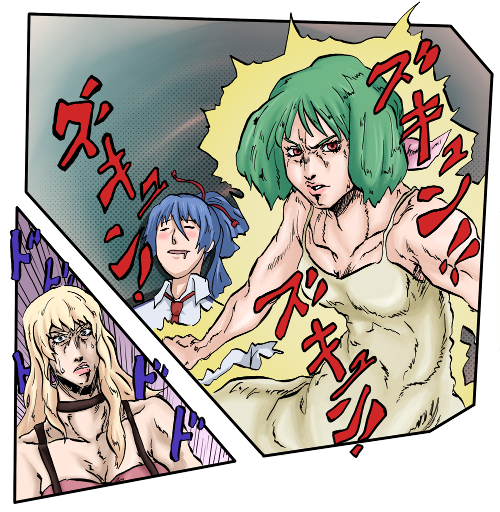 1boy 2girls araki_hirohiko_(style) jojo_no_kimyou_na_bouken macross macross_frontier multiple_girls parody ranka_lee saotome_alto sheryl_nome style_parody tansan_otoko