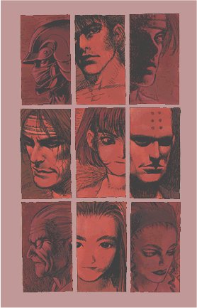 4girls 5boys angela_belti annie_hamilton atlus bald chart close-up closed_mouth curly_hair facial_hair facing_to_the_side facing_viewer frown gouketsuji_ichizoku gouketsuji_otane gouketsuji_oume hair_slicked_back hattori_saizo hattori_saizou headband helmet keith_wayne long_hair looking_at_viewer looking_back looking_to_the_side lowres mask monochrome multiple_boys multiple_girls murata_range official_art ooyama_reiji oume profile red_theme short_hair smile thin-nen thin_nen white_buffalo wrinkled_skin