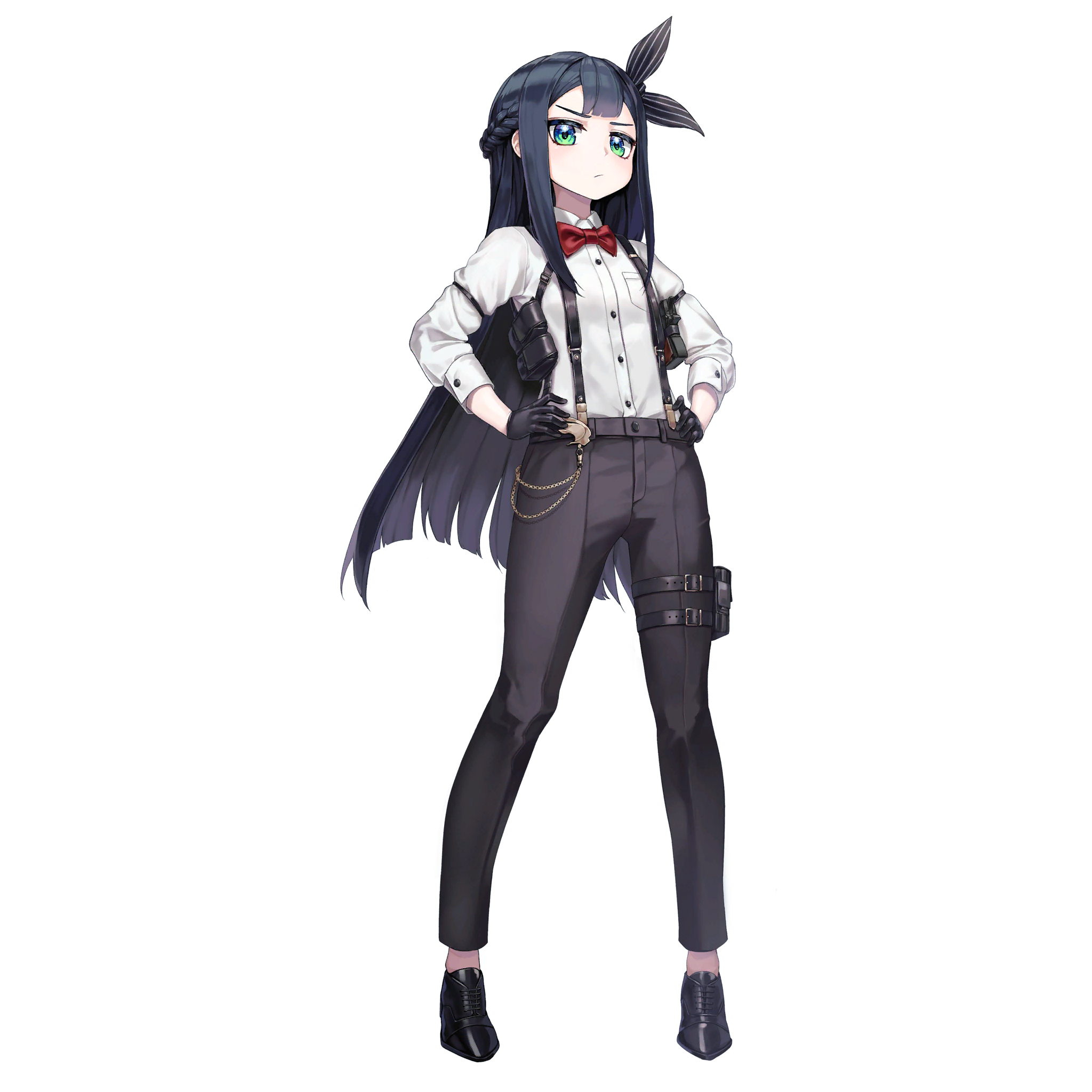 1girl :/ andvari_(last_origin) arm_strap belt_pouch black_gloves black_hair black_pants black_ribbon black_shoes braid breast_pocket buttons chain collared_shirt d-log flat_chest french_braid full_body game_cg gloves gold_chain green_eyes gun hair_ribbon hands_on_own_hips highres holster holstered last_origin leather leather_gloves leg_belt loafers long_hair looking_at_viewer neck_ribbon official_alternate_costume official_art pants pocket pouch red_ribbon ribbon shirt shoes sidelocks simple_background solo standing striped_ribbon suspenders tachi-e third-party_source transparent_background weapon white_shirt