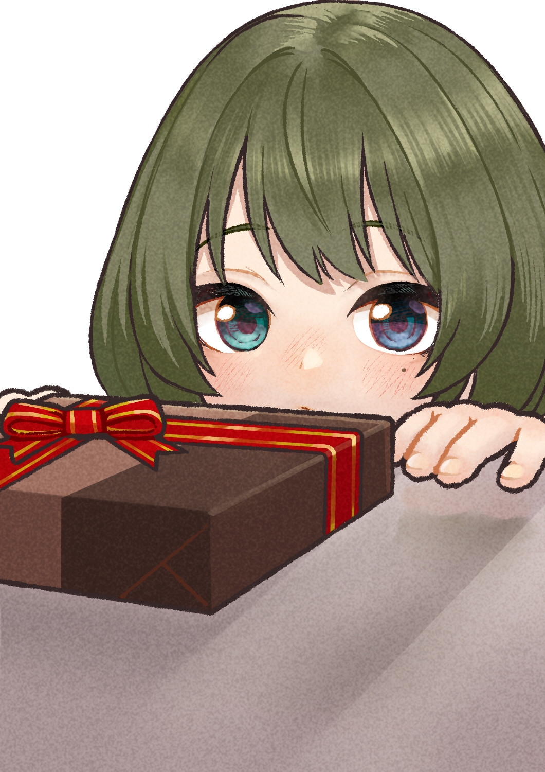 1girl aqua_eyes blue_eyes blush box close-up commentary_request expressionless gift gift_box green_hair heterochromia highres idolmaster idolmaster_cinderella_girls looking_at_viewer mole mole_under_eye oumi_mizu peeking_out solo takagaki_kaede valentine
