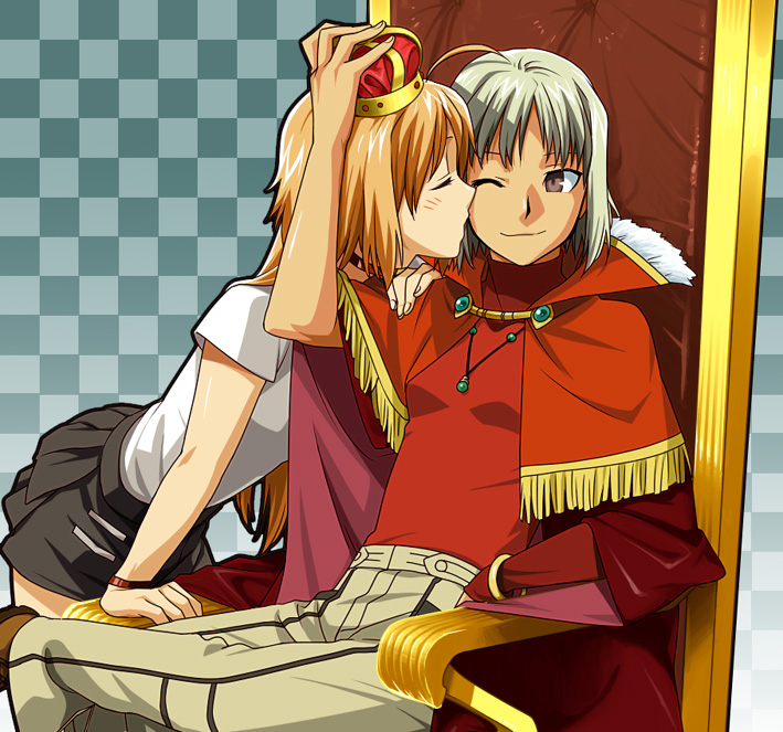 2girls 428 428:_fuusa_sareta_shibuya_de :3 ahoge androgynous blonde_hair bracelet breasts brown_eyes canaan_(character) canaan_(series) cape choker chunsoft closed_eyes crown jewelry kiss long_hair mori_(unknown.) multiple_girls necklace one_eye_closed oosawa_maria reverse_trap short_hair sleeveless sleeveless_turtleneck small_breasts smile throne turtleneck white_hair wink yuri