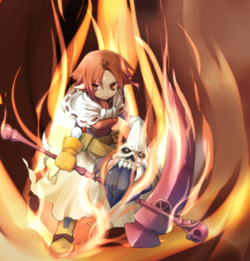 1girl armor armored_dress bad_id bad_pixiv_id belt brown_eyes brown_hair claws dress female_focus fire frown fujimaru_jiji full_body gloves hiro_(spectral_force) orange_background orange_theme pointy_ears scarf scythe serious short_hair solo spectral_(series) spectral_force spectral_souls spectral_vs_generation